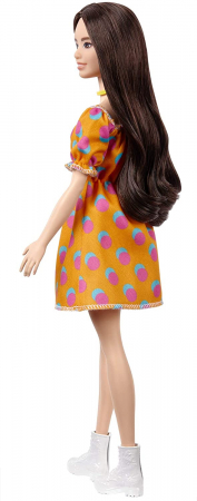 Papusa barbie fashionista satena cu rochita portocalie cu buline [5]