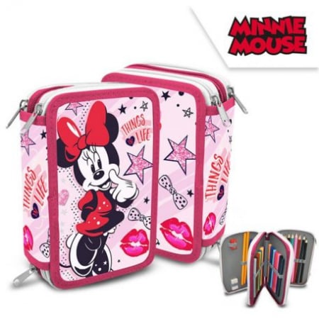 Ghiozdane si genti fete - Penar echipat cu trei Fermoare Minnie Mouse
