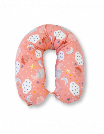 Perne pentru gravide si alaptare - Perna cornulet 3 in 1 din bumbac, norisori roz