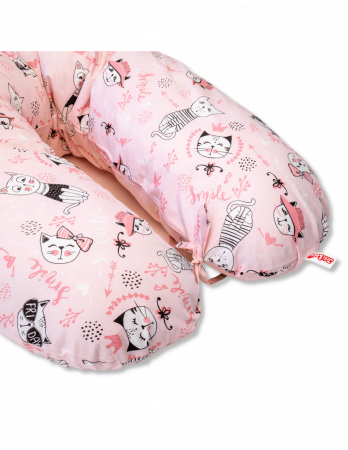 Perne pentru gravide si alaptare - Perna cornulet 3 in 1 din bumbac, pisici cu roz