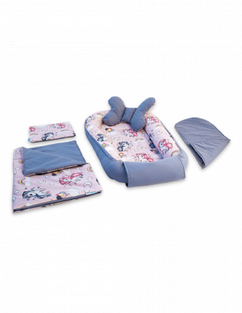 Baby Nest - Set 5 piese Baby Nest din Bumbac, model gri unicorn
