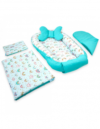 Baby Nest - Set 5 piese Baby Nest din Bumbac, curcubeu cu turcoaz