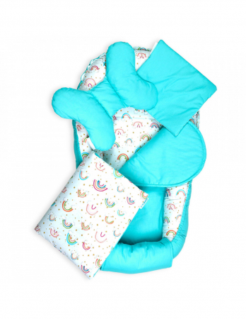 Set 5 piese Baby Nest din Bumbac, curcubeu cu turcoaz [2]