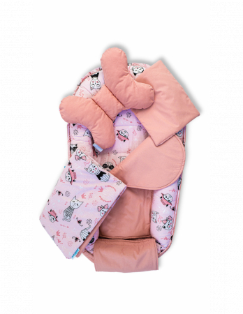 Baby Nest - Set 5 piese Baby Nest din Bumbac, model pisici roz