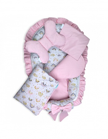 Set 5 piese Baby Nest Premium din Bumbac, curcubeu cu roz deschis [4]