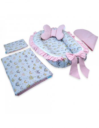 Baby Nest - Set 5 piese Baby Nest Premium din Bumbac, curcubeu cu roz deschis
