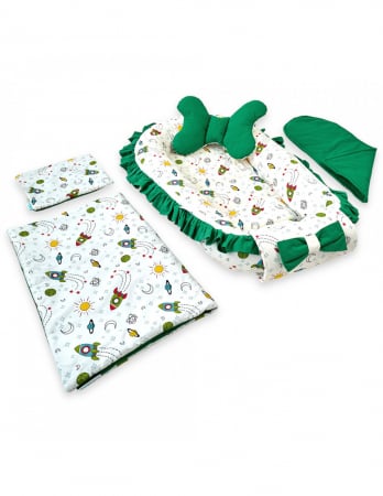 Baby Nest - Set 5 piese Baby Nest Premium din Bumbac, rachete cu verde inchis