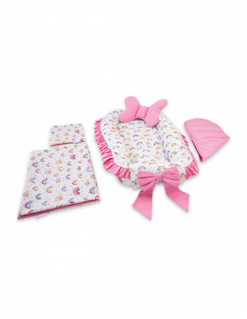 Baby Nest - Set 5 piese Baby Nest Premium din Bumbac, model fundita roz