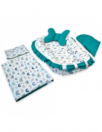 Baby Nest - Set 5 piese Baby Nest Premium din Bumbac, curcubeu cu turcoaz
