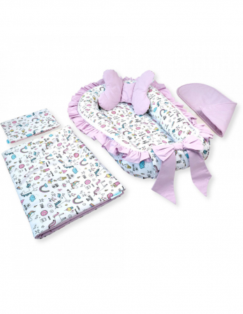 Baby Nest - Set 5 piese Baby Nest Premium din Bumbac, unicorn cu roz deschis