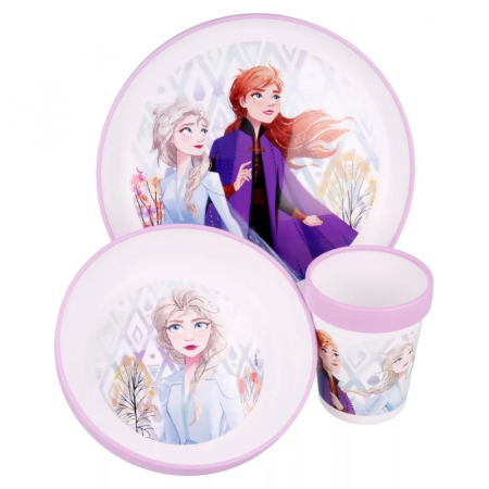 Caserole pentru gustari si sticlute de apa - Set de masa Disney Frozen, antiderapant, din plastic pentru cuptorul cu microunde