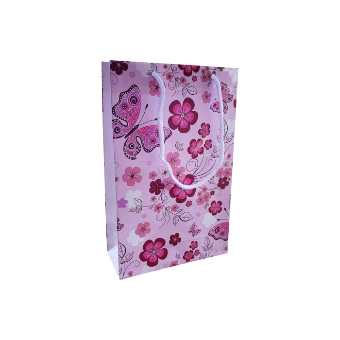 Punga cadou de hartie medie cu model vara - flori si fluturi roz [1]