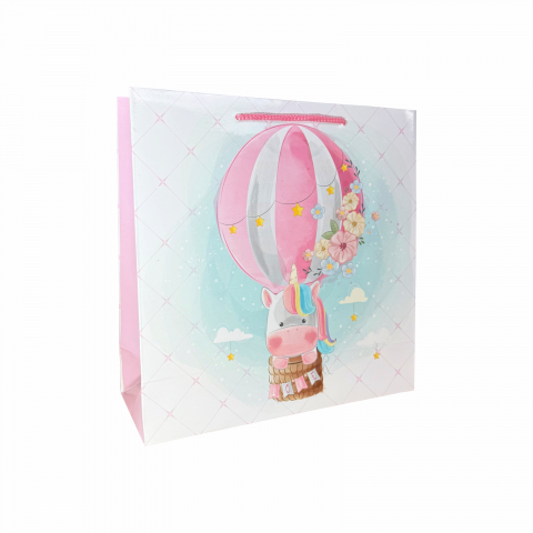 Pungi cadou cu model VARA - Punga de cadou patrata, 24x24x9 cm, model UNICORN ROZ