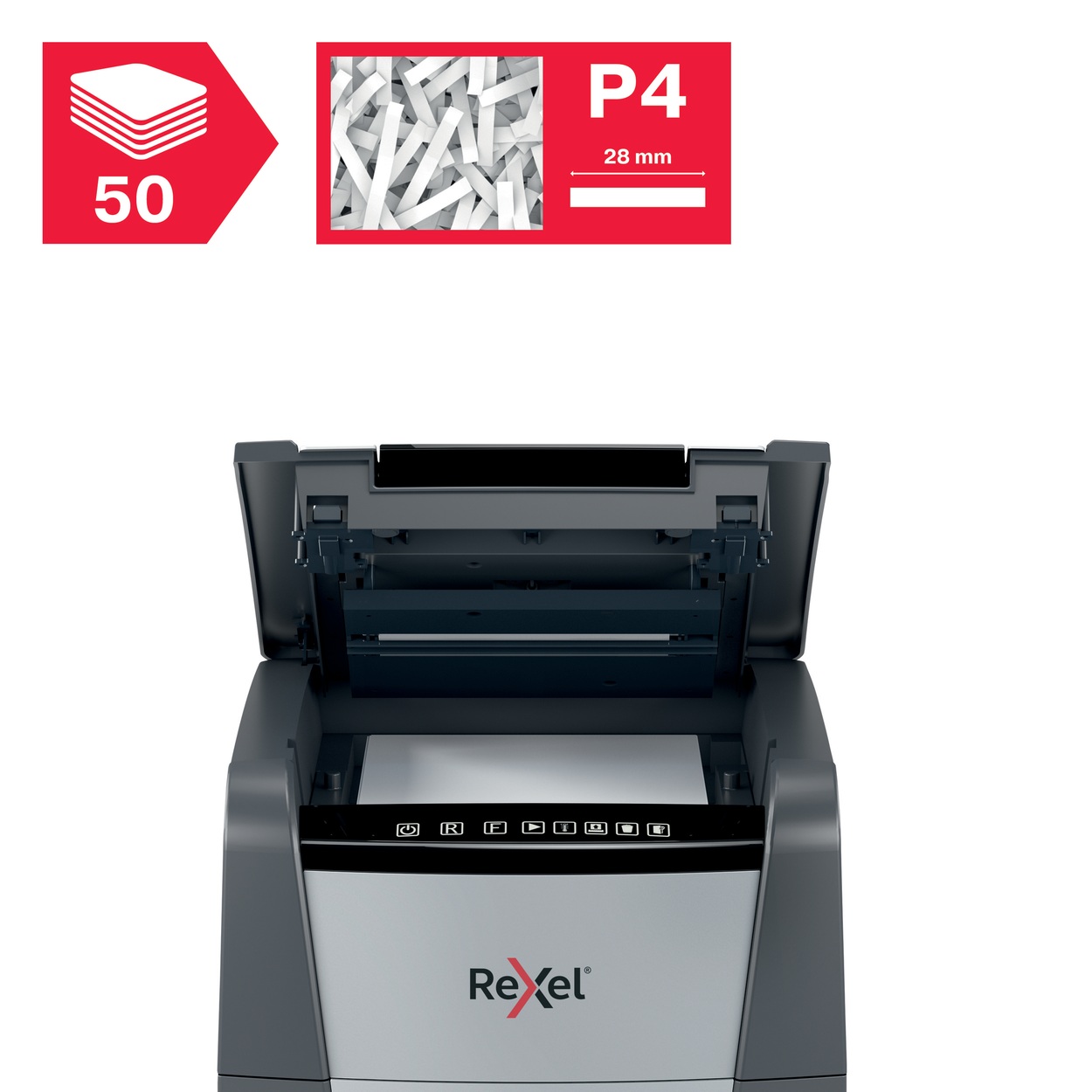 Distrugator automat documente Rexel OPTIMUM  50X ,  50 coli, P4, cross-cut (tip confeti), cos  20 litri, negru-gri, Cod Produs: 2020050XEU [9]