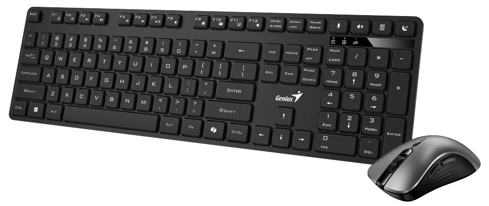 Electronice - KIT wireless GENIUS, tastatura wireless 104 taste (slim) + mouse wireless 1200dpi, 3 butoane, 11 taste functii multimedia, silent, AI key, black, Cod Produs: 31340018400