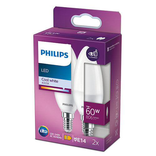 SET 2 becuri LED Philips, soclu E14, putere 7W, forma lumanare, lumina alb rece, alimentare 220 - 240 V, Cod Produs: 8719514310216 [1]