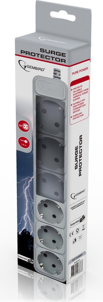 PRELUNGITOR GEMBIRD, Schuko x 6, conectare prin Schuko (T), cablu 1.8 m, 16 A, protectie supratensiune, protectie copii, gri, Cod Produs: SPG6-B-6C [1]