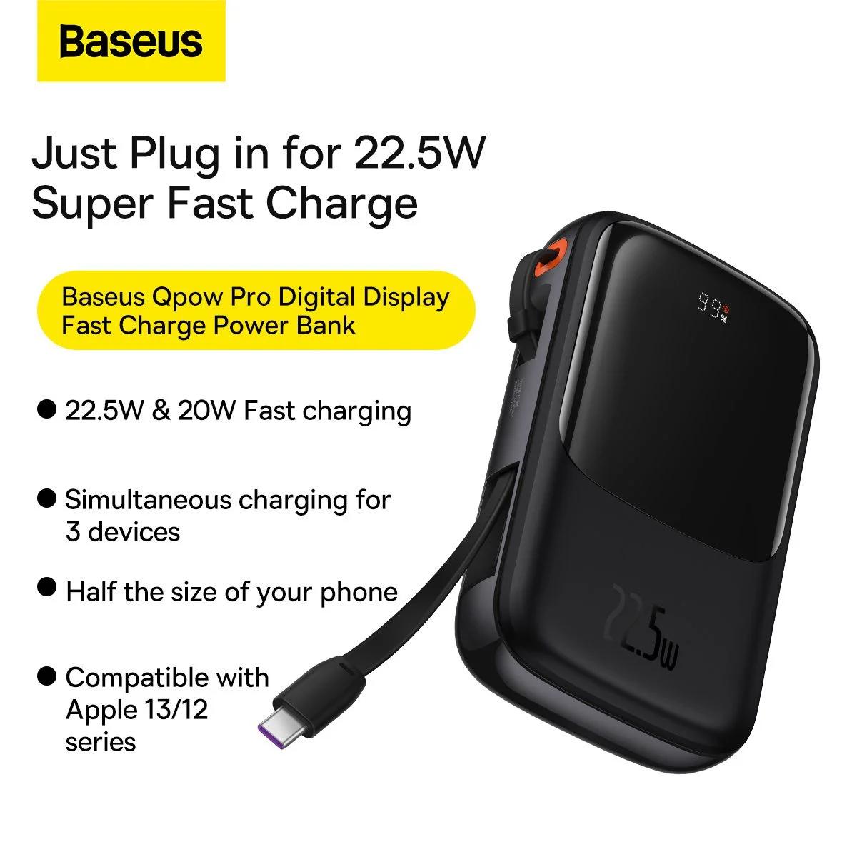 Electronice - POWER BANK Baseus Qpow Pro Digital Display, 10000mAh, 22.5W, 1 x cablu integrat USB Type-C output/input, 1 x USB, 1 x Lightning, negru, Cod Produs: PPQD020101