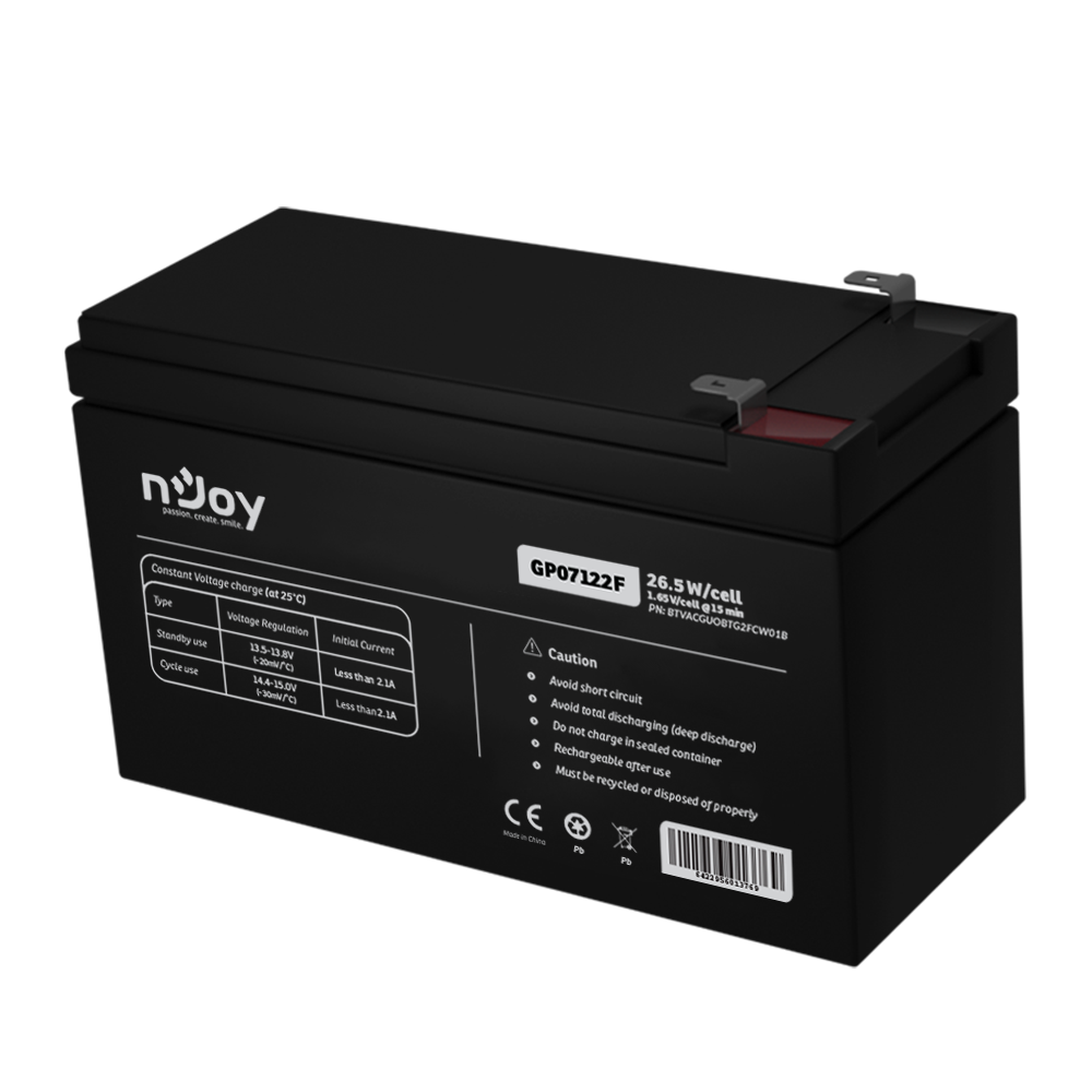 Electronice - UPS- acumulatori Njoy GP07122F | Baterie UPS&nbsp; | 12 V | 7 A | Borne F2 | 27 W | 151 x 65 x 95 mm Cod Produs: BTVACGUOBTG2FCW01B