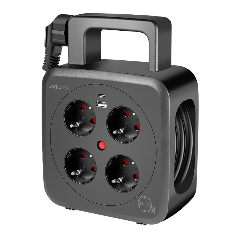 Electronice - PRELUNGITOR LOGILINK, Schuko x 4, conectare prin Schuko (T), 16 A, 1xUSB-A, 1xUSB-C, comutator oprire termica, cablu 5m tip bobina, protectie IP20, negru, Cod Produs: LPS504