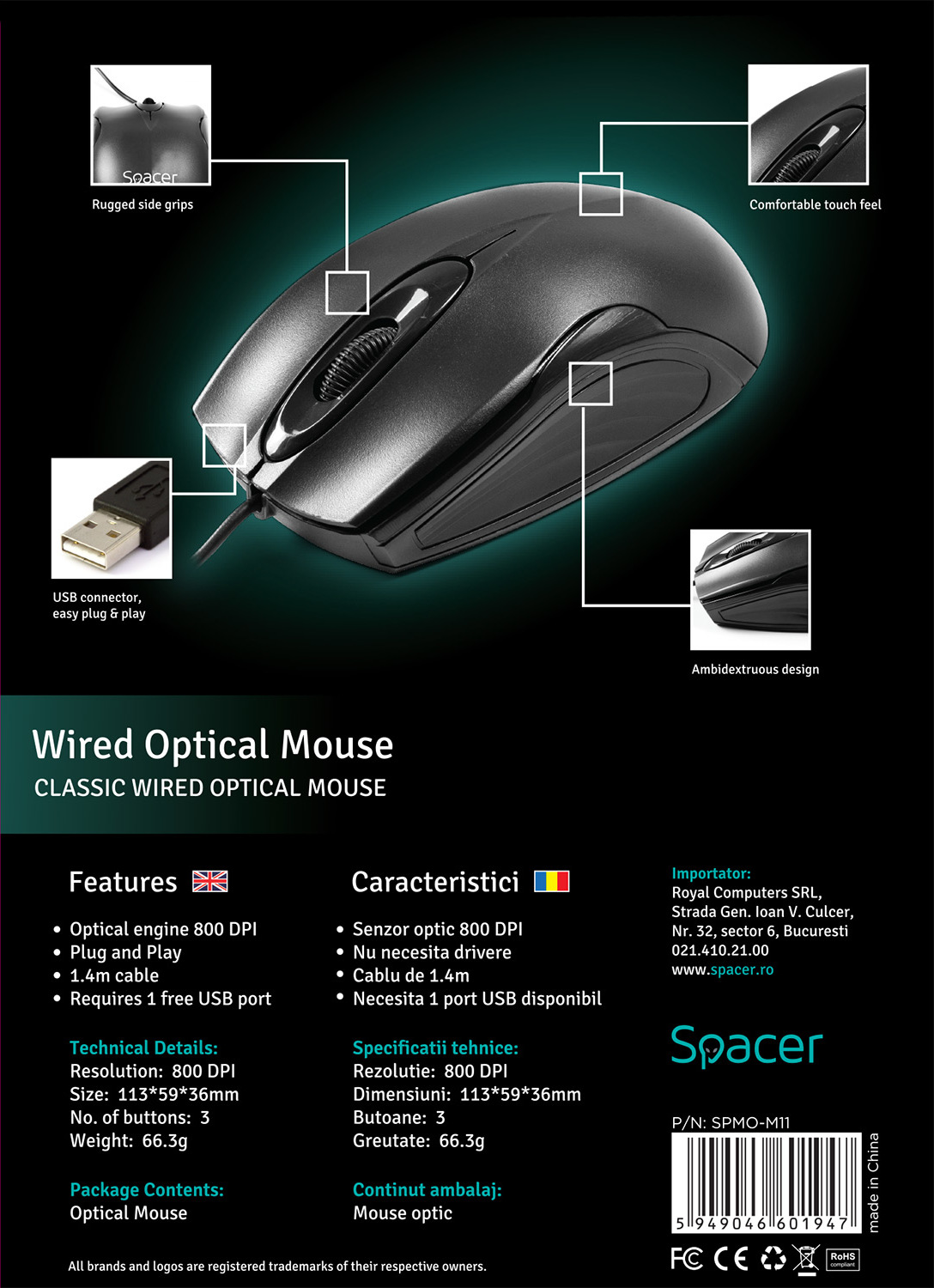 MOUSE  Spacer, PC sau NB, cu fir, USB, optic,  1200 dpi, butoane/scroll 3/1, , negru, Cod Produs: SPMO-M11 [6]