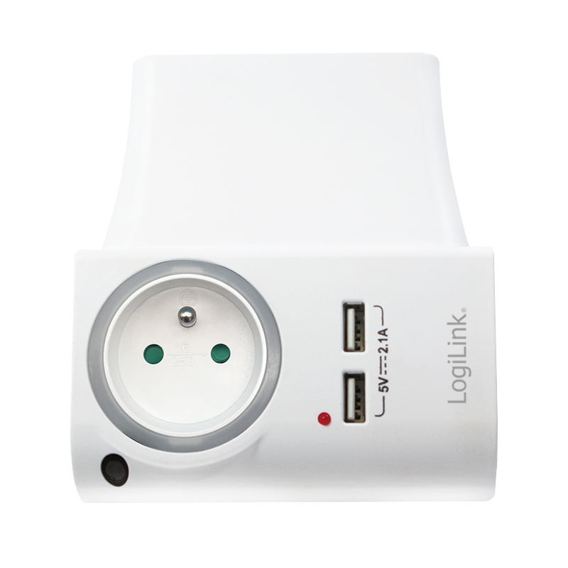 Electronice - ADAPTOR LOGILINK, Socket tip E x 1, USB x 2 5V/2.1A, 230V, 50 Hz, max. 16A, IP20, suport telefon/tableta, iluminare LED, alb Cod Produs: PA0166