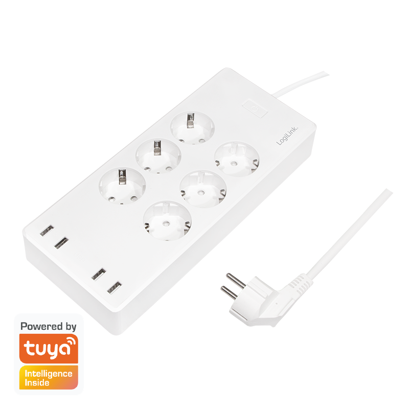 Electronice - PRELUNGITOR LOGILINK, Schuko x 6, conectare prin Schuko (T), Wi-Fi, 10 A, 4xUSB-A, compatibil Tuya, cablu 1.8m, protectie IP20, supracurent, supratensiune, supraincalzire, scurtcircuit, alb, Cod Produ