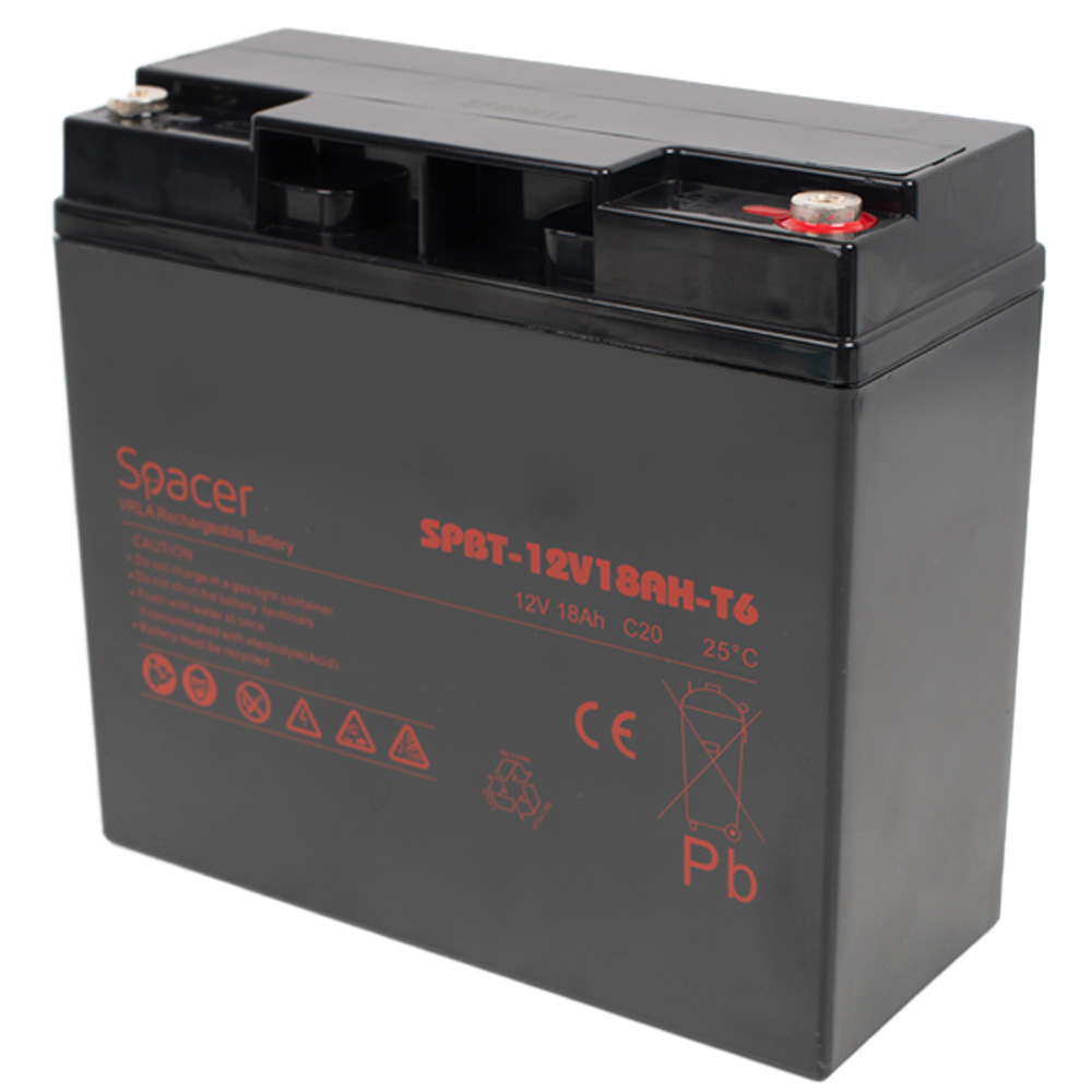 Electronice - ACUMULATOR UPS SPACER 12V / 18Ah, dimensiuni: 181x77x167mm, inaltime+terminal: 167mm, terminal F6(T6), Cod Produs: SPBT-12V18AH-T6
