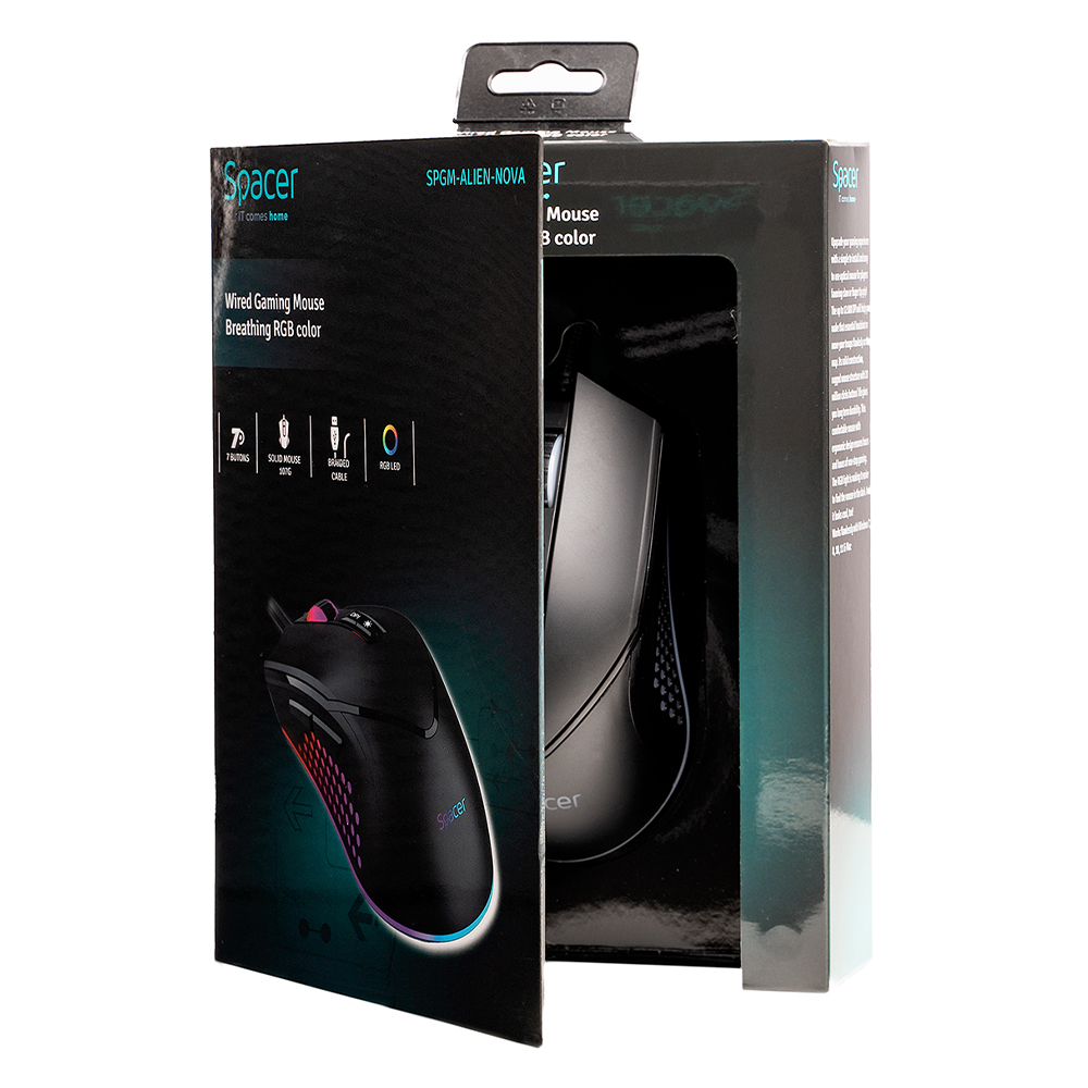 MOUSE Spacer - gaming, gaming, cu fir, USB, optic, 12.000 dpi, butoane/scroll 7/1, iluminare RGB, negru, Cod Produs: SPGM-ALIEN-NOVA [4]