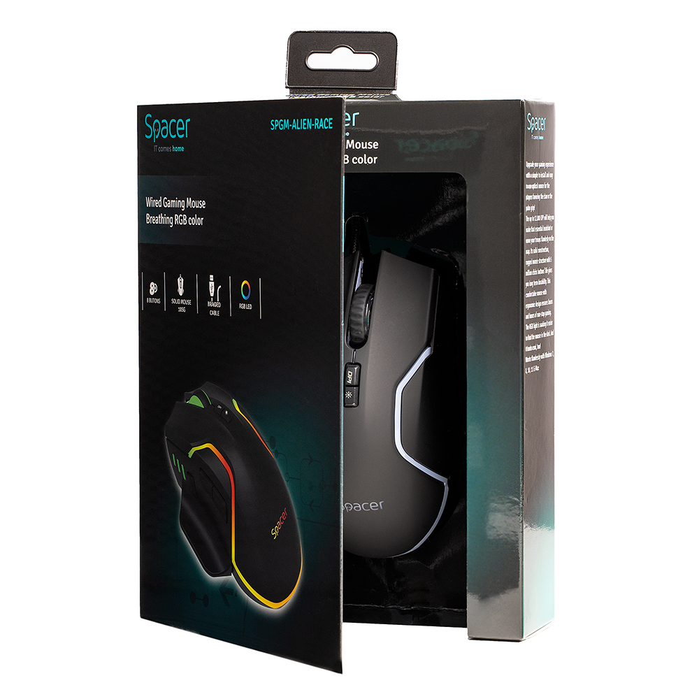MOUSE Spacer - gaming, gaming, cu fir, USB, optic, 12.000 dpi, butoane/scroll 8/1, iluminare RGB, negru, Cod Produs: SPGM-ALIEN-RACE [4]