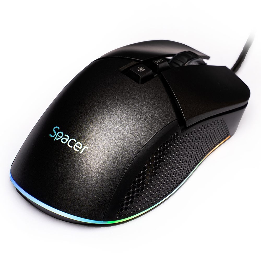 MOUSE Spacer - gaming, gaming, cu fir, USB, optic, rezolutie selectabila max. 8.000 dpi, butoane/scroll 7/1, iluminare RGB, negru, Cod Produs: SPGM-PULSAR-PRO [2]
