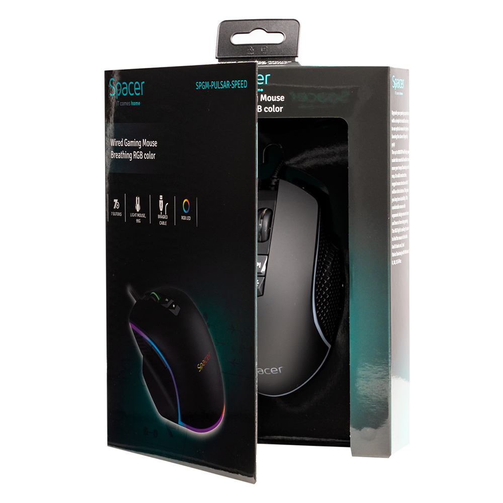 MOUSE Spacer - gaming, gaming, cu fir, USB, optic, 8.000 DPI, butoane/scroll 7/1, iluminare RGB, negru, Cod Produs: SPGM-PULSAR-SPEED [4]