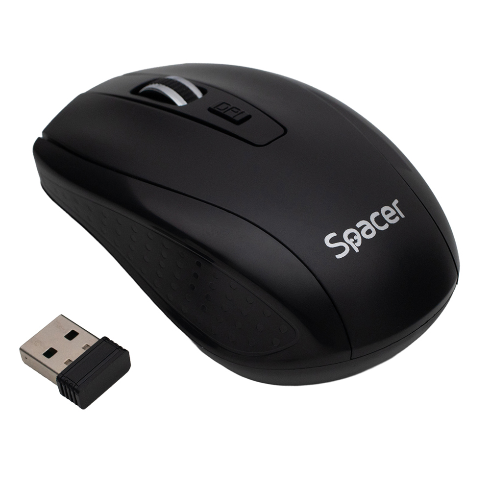 Periferice - MOUSE Spacer, PC sau NB, wireless, 2.4GHz, optic, max.1600 dpi, butoane/scroll 4/1, rezolutie selectabila, buton ON/OFF, 2 baterii AAA incluse, negru, Cod Produs: SPMO-WS-BK-04