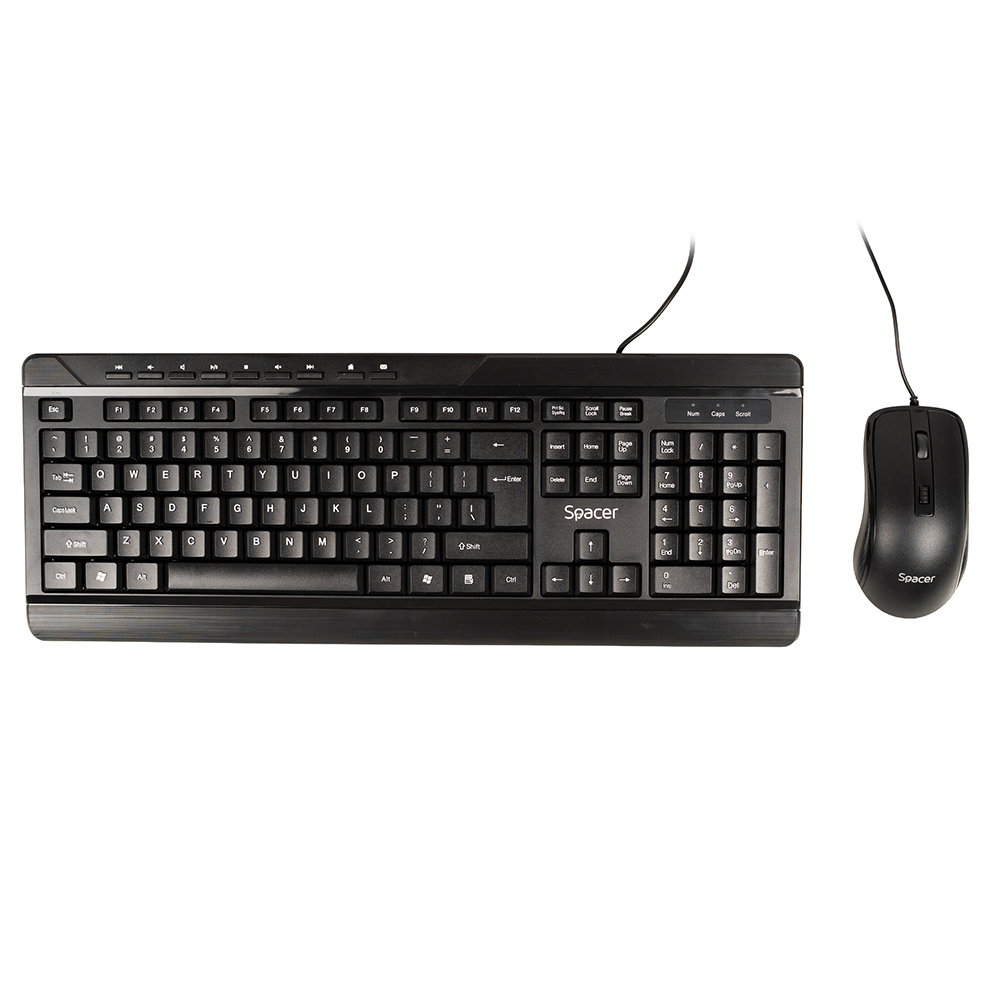 KIT wired  SPACER, tastatura cu fir  multimedia 104 taste (+ 9 taste multimedia) + mouse rezolutie max.1600dpi, 4 butoane, rotita scroll, black Cod Produs: SPOK-WD-02 [1]
