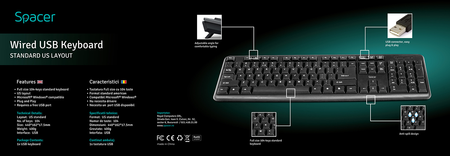 TASTATURA SPACER USB, 104 taste, anti-spill, black, Cod Produs: SPKB-S62 [5]