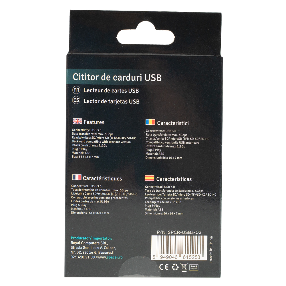 CARD READER extern SPACER ,  interfata USB 3.0 ,  citeste/scrie: SD ,  micro SD ,  Negru ,  Cod Produs: SPCR-USB3-02 [4]