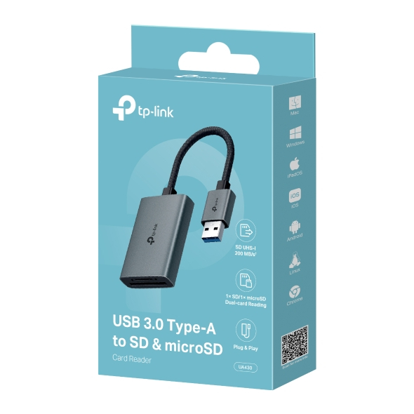 CARD READER extern TP-Link ,  interfata USB 3.0 ,  citeste/scrie: SD si microSD ,  suporta carduri maxim 1 TB ,  lungime cablu 15 cm ,  metalic ,  gri Cod Produs: UA430 [9]