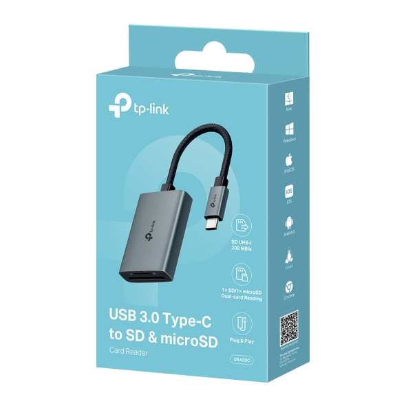 CARD READER extern TP-Link ,  interfata USB Type-C ,  citeste/scrie: SD si microSD ,  suporta carduri maxim 1 TB ,  lungime cablu 15 cm ,  metalic ,  gri Cod Produs: UA430C [9]