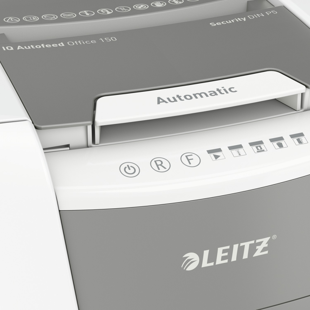 Distrugator automat documente Leitz IQ Office  ,  150 coli ,  P5 ,  micro-cut (tip particule) ,  cos 44 litri ,  alb-gri ,  Leitz Cod Produs: 80140000 [13]