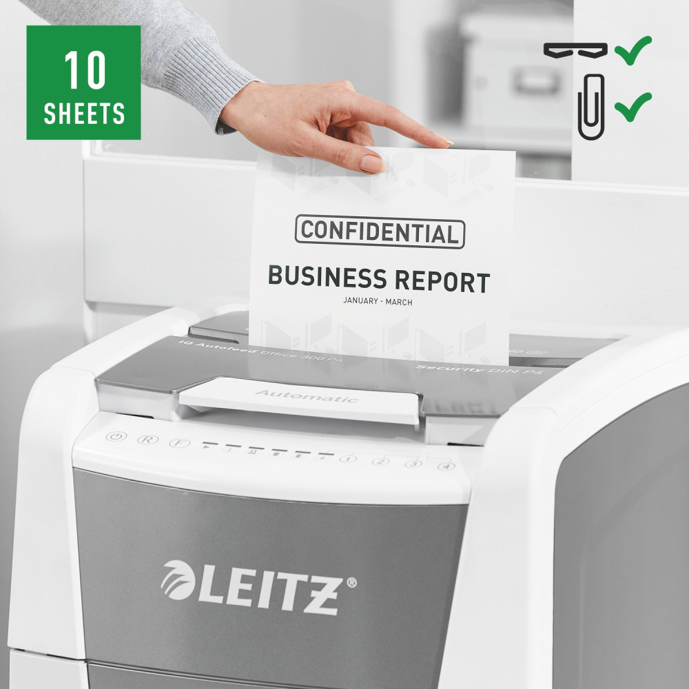 Distrugator automat documente Leitz IQ Office  ,  300 coli ,  P4 ,  cross-cut (tip confeti) ,  cos 60 litri ,  alb-gri ,  Leitz Cod Produs: 80150000 [4]