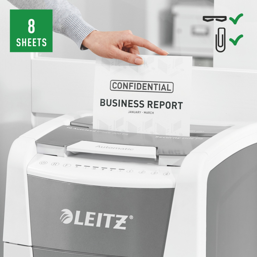 Distrugator automat documente Leitz IQ Office  ,  300 coli ,  P5 ,  micro-cut (tip particule) ,  cos 60 litri ,  alb-gri ,  Leitz Cod Produs: 80160000 [6]