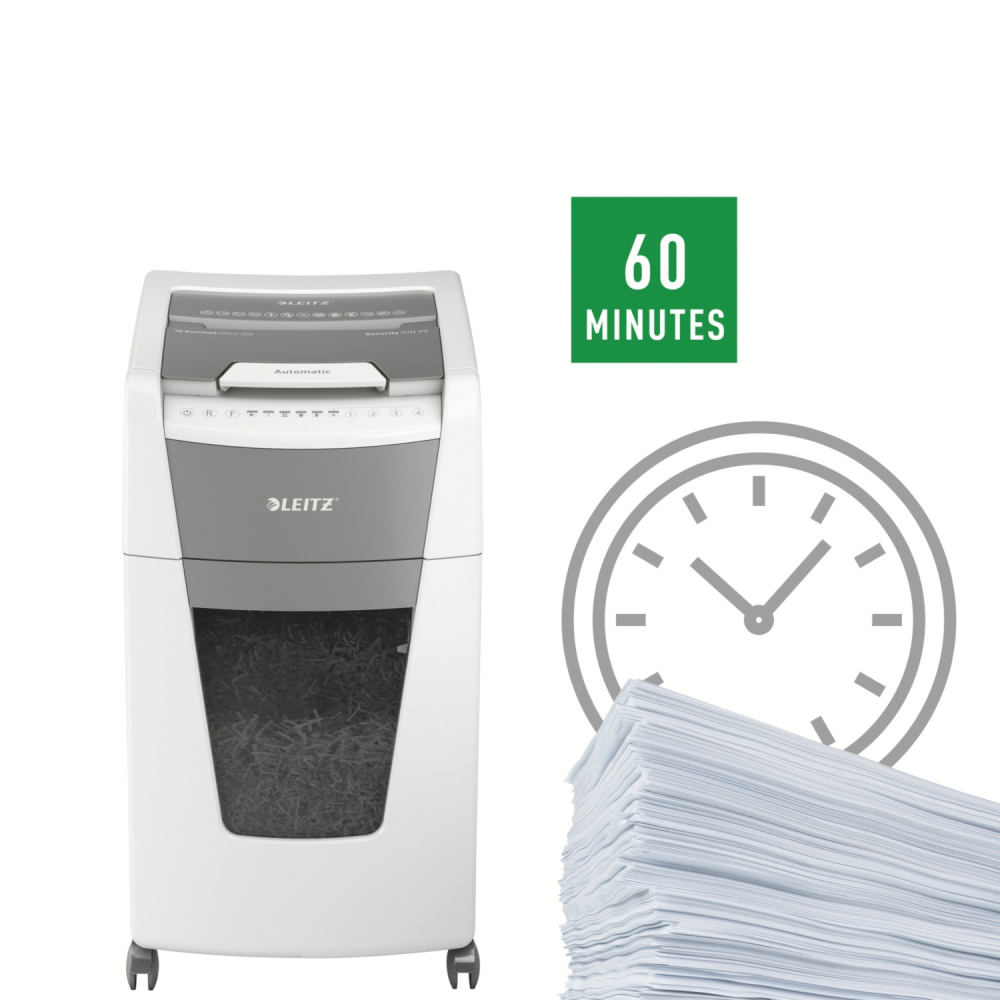 Distrugator automat documente Leitz IQ Office  ,  300 coli ,  P5 ,  micro-cut (tip particule) ,  cos 60 litri ,  alb-gri ,  Leitz Cod Produs: 80160000 [5]