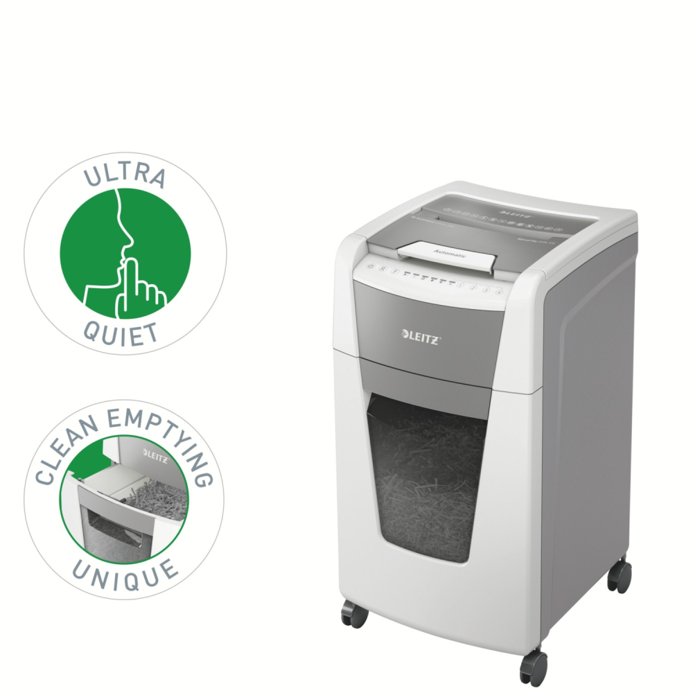 Distrugator automat documente Leitz IQ Office  ,  300 coli ,  P5 ,  micro-cut (tip particule) ,  cos 60 litri ,  alb-gri ,  Leitz Cod Produs: 80160000 [4]