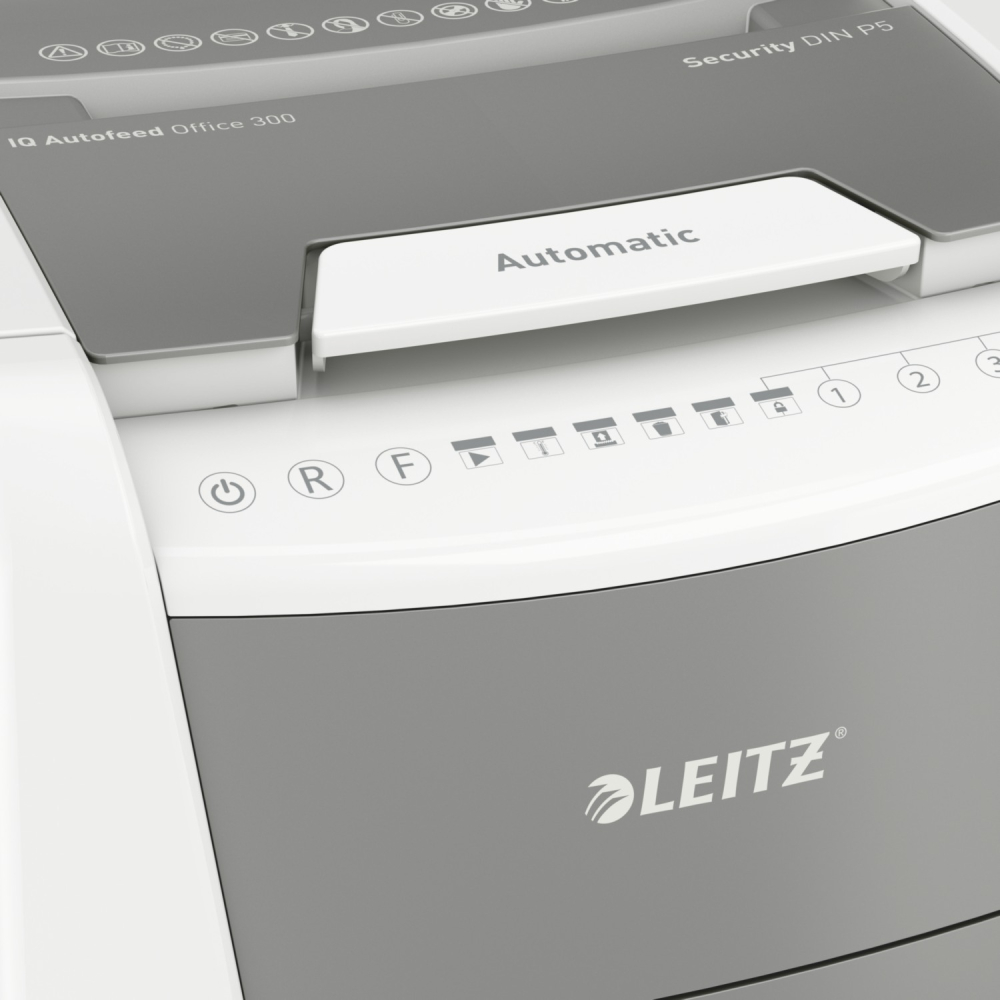 Distrugator automat documente Leitz IQ Office  ,  300 coli ,  P5 ,  micro-cut (tip particule) ,  cos 60 litri ,  alb-gri ,  Leitz Cod Produs: 80160000 [9]