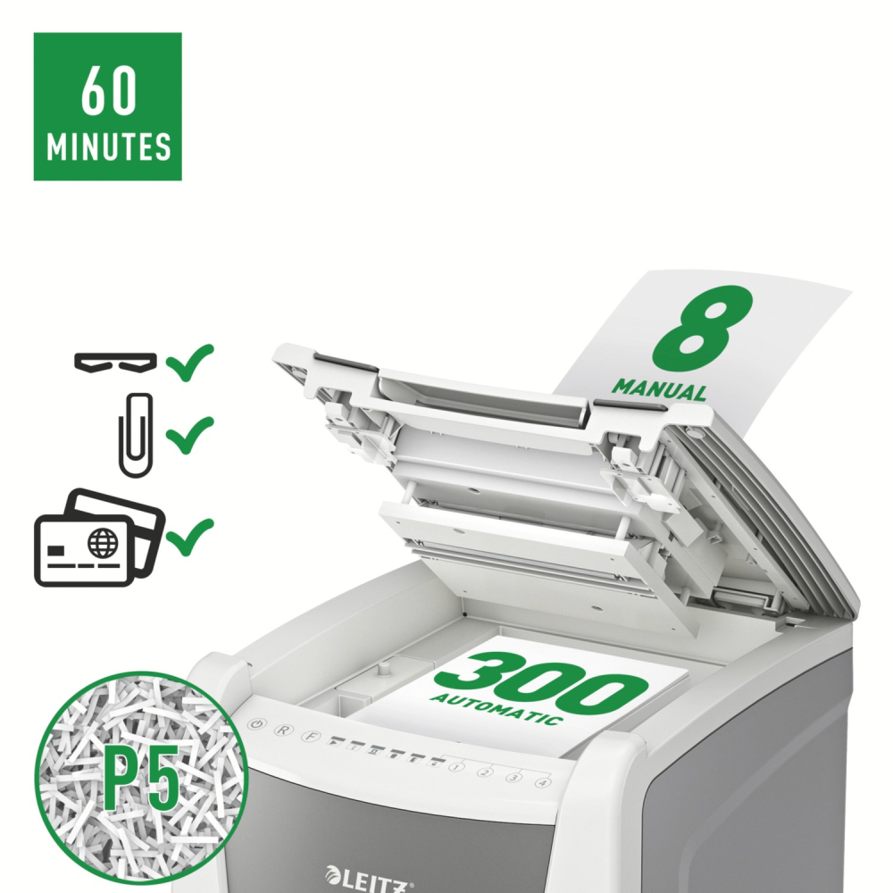 Distrugator automat documente Leitz IQ Office  ,  300 coli ,  P5 ,  micro-cut (tip particule) ,  cos 60 litri ,  alb-gri ,  Leitz Cod Produs: 80160000 [7]