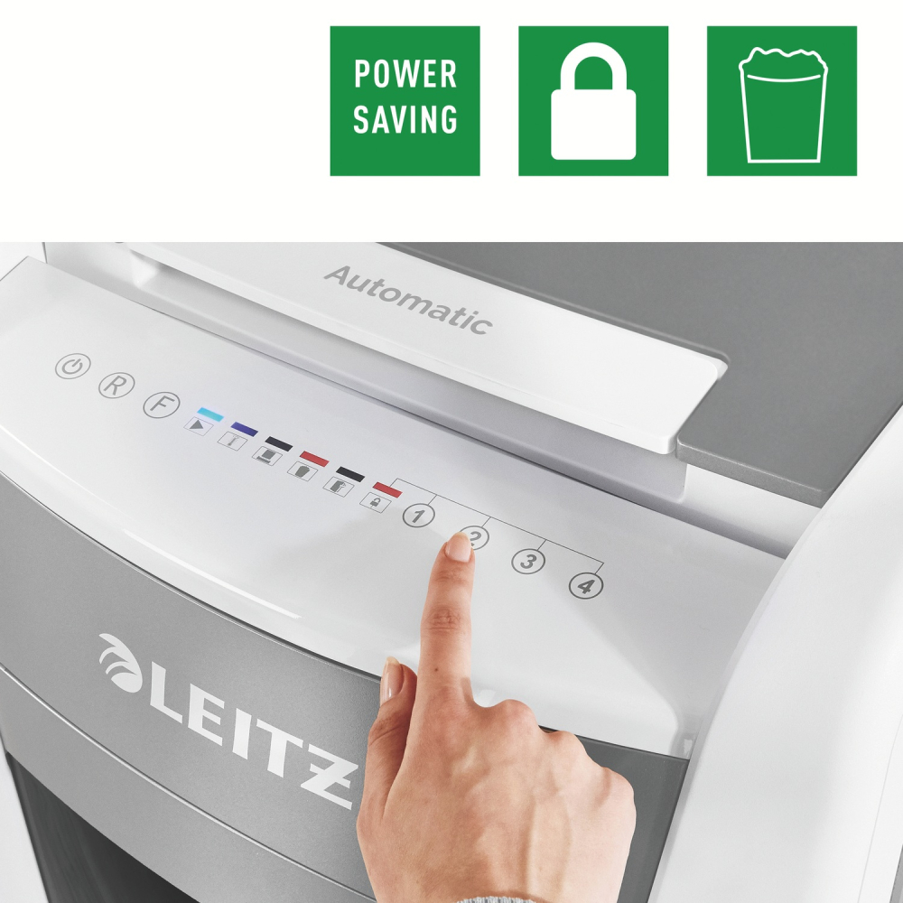 Distrugator automat documente Leitz IQ Office  ,  600 coli ,  P5 ,  micro-cut (tip particule) ,  cos 110 litri ,  alb-gri ,  Leitz Cod Produs: 80180000 [8]