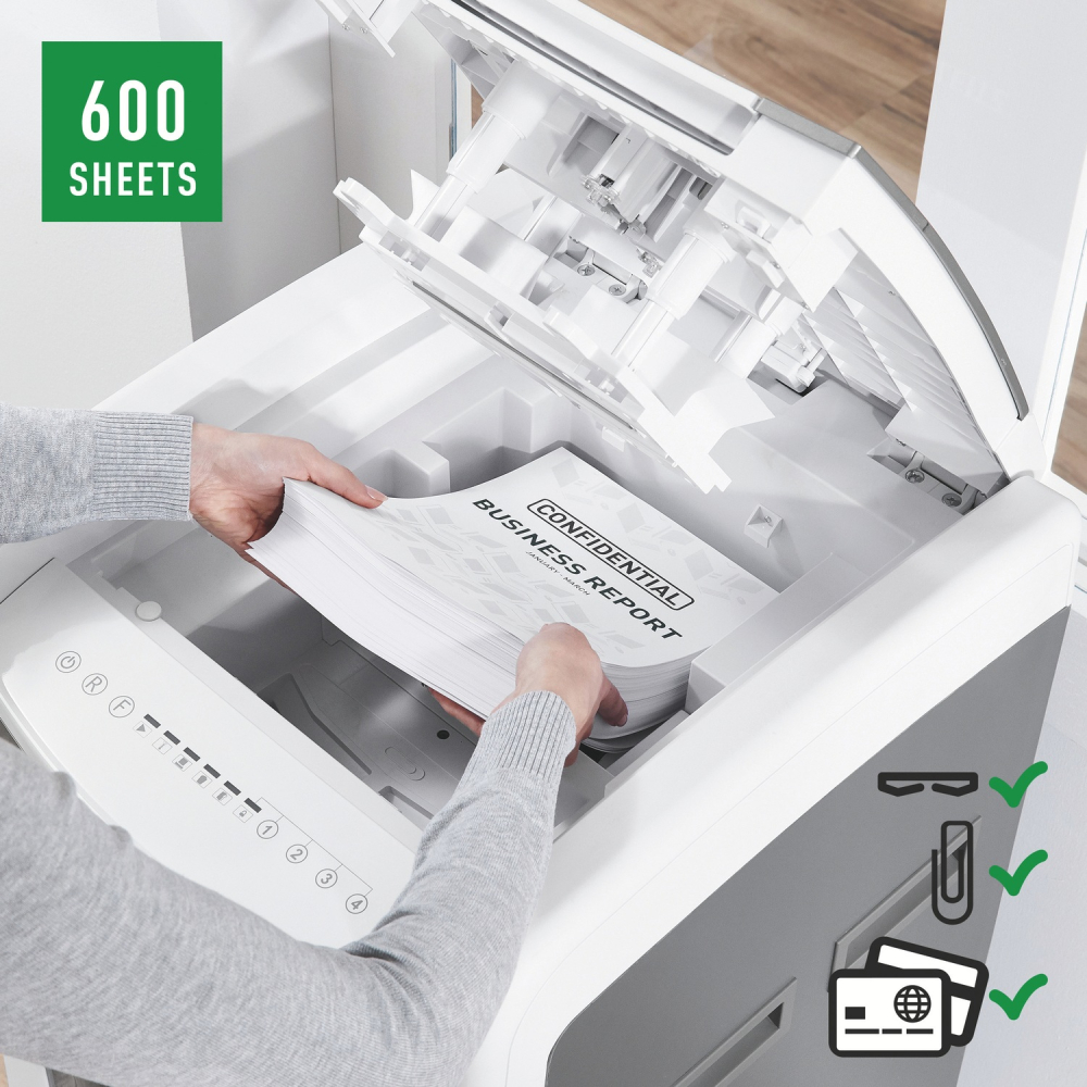 Distrugator automat documente Leitz IQ Office  ,  600 coli ,  P5 ,  micro-cut (tip particule) ,  cos 110 litri ,  alb-gri ,  Leitz Cod Produs: 80180000 [3]