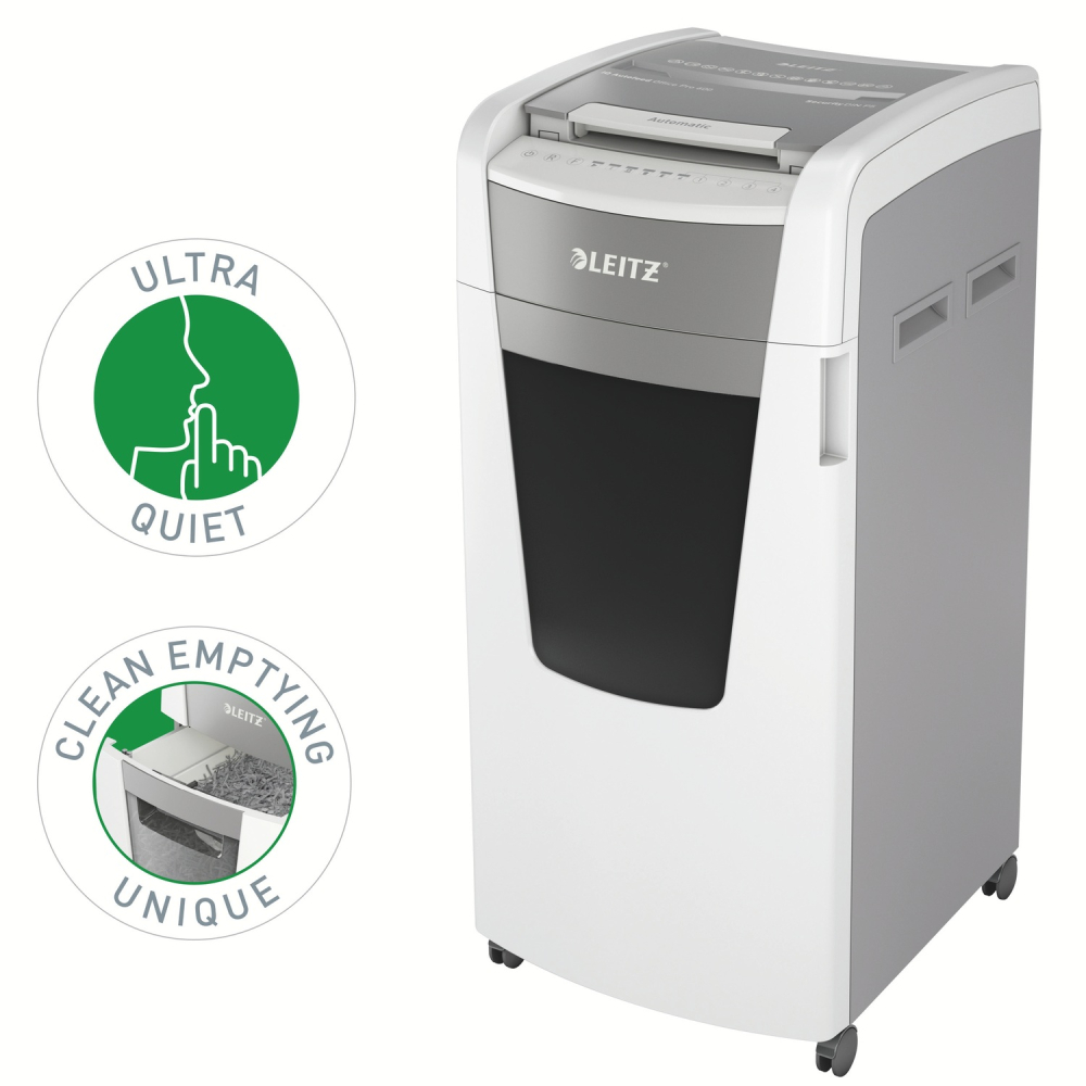 Distrugator automat documente Leitz IQ Office  ,  600 coli ,  P5 ,  micro-cut (tip particule) ,  cos 110 litri ,  alb-gri ,  Leitz Cod Produs: 80180000 [7]