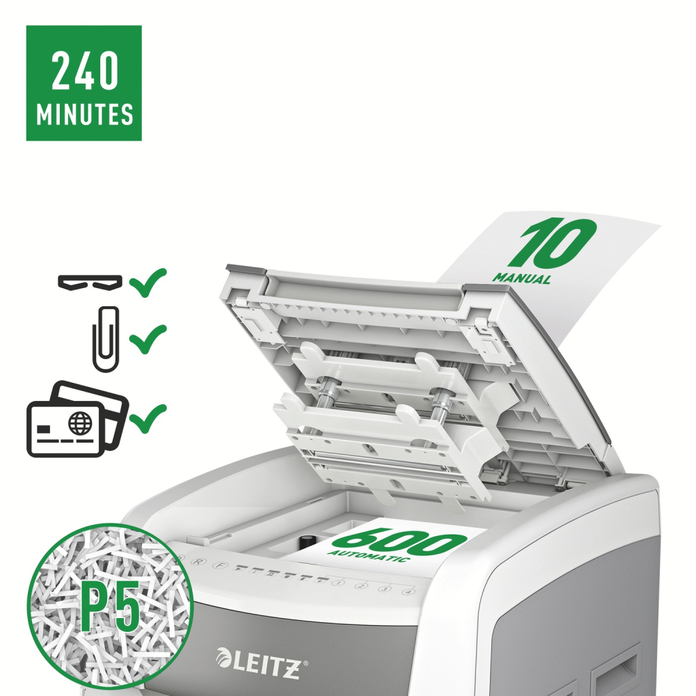 Distrugator automat documente Leitz IQ Office  ,  600 coli ,  P5 ,  micro-cut (tip particule) ,  cos 110 litri ,  alb-gri ,  Leitz Cod Produs: 80180000 [2]
