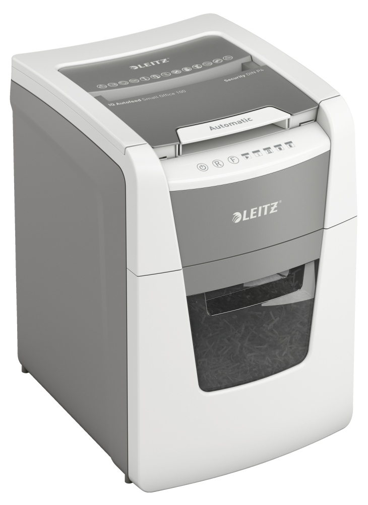 Distrugator automat documente Leitz IQ Small Office  ,  100 coli ,  P4 ,  cross-cut (tip confeti) ,  cos 34 litri ,  alb-gri ,  Leitz Cod Produs: 80110000 [12]